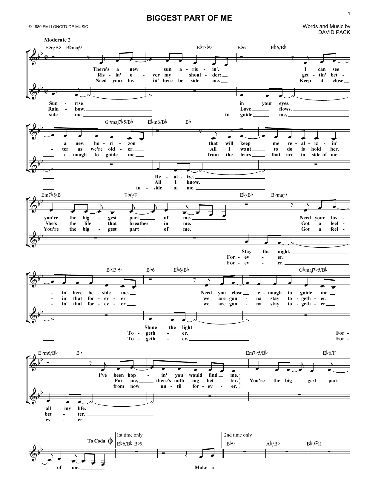Ambrosia Biggest Part Of Me sheet music notes and chords arranged for Piano, Vocal & Guitar Chords (Right-Hand Melody)