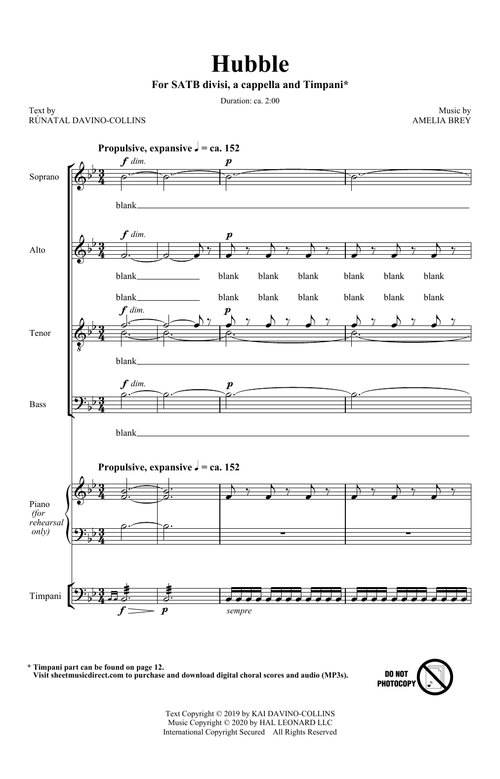 Amelia Brey Hubble sheet music notes and chords arranged for SATB Choir