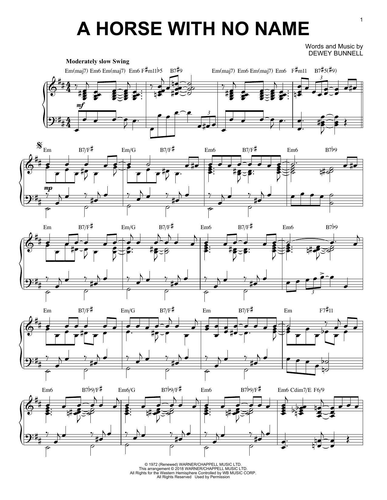 America A Horse With No Name [Jazz version] sheet music notes and chords arranged for Piano Solo