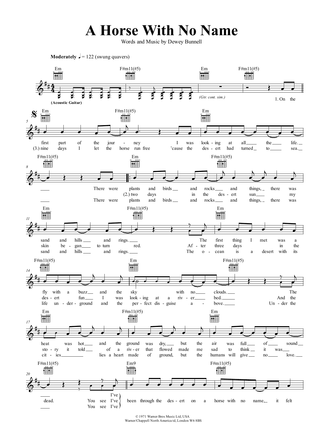 America A Horse With No Name sheet music notes and chords arranged for ChordBuddy