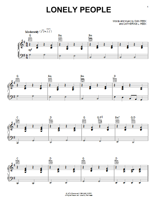 America Lonely People sheet music notes and chords arranged for Easy Guitar