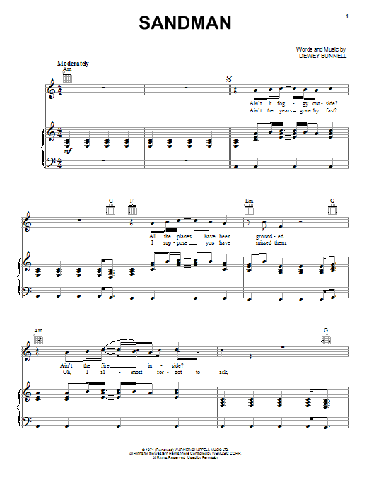 America Sandman sheet music notes and chords arranged for Piano, Vocal & Guitar Chords (Right-Hand Melody)