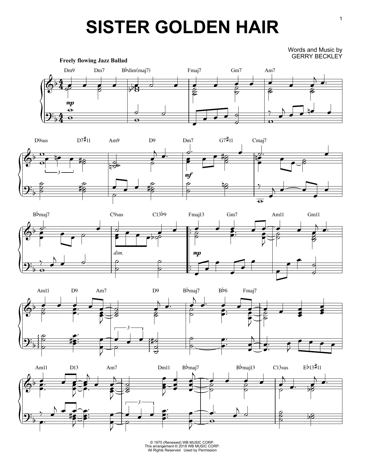 America Sister Golden Hair [Jazz version] sheet music notes and chords arranged for Piano Solo