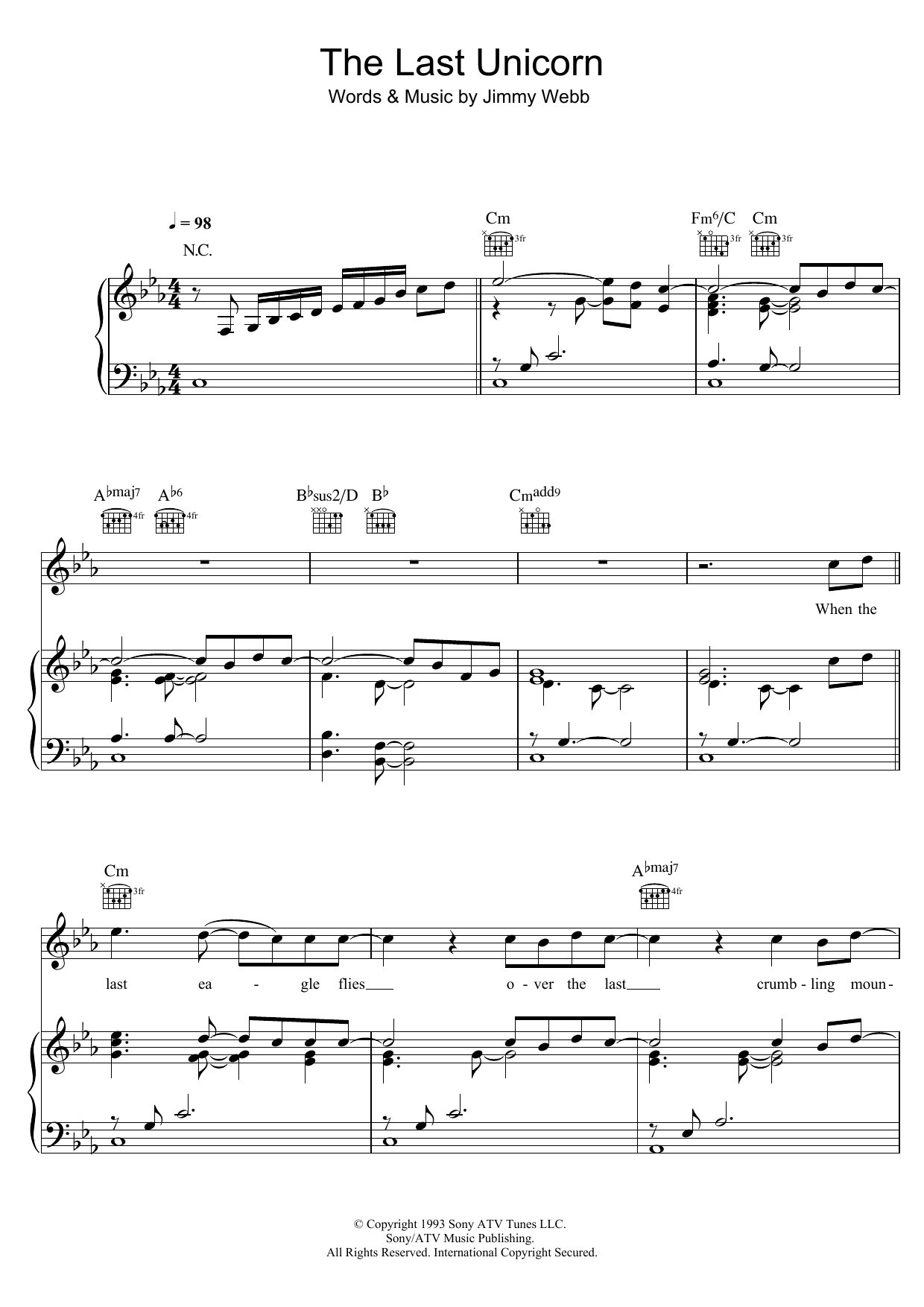 America The Last Unicorn sheet music notes and chords arranged for Piano, Vocal & Guitar Chords