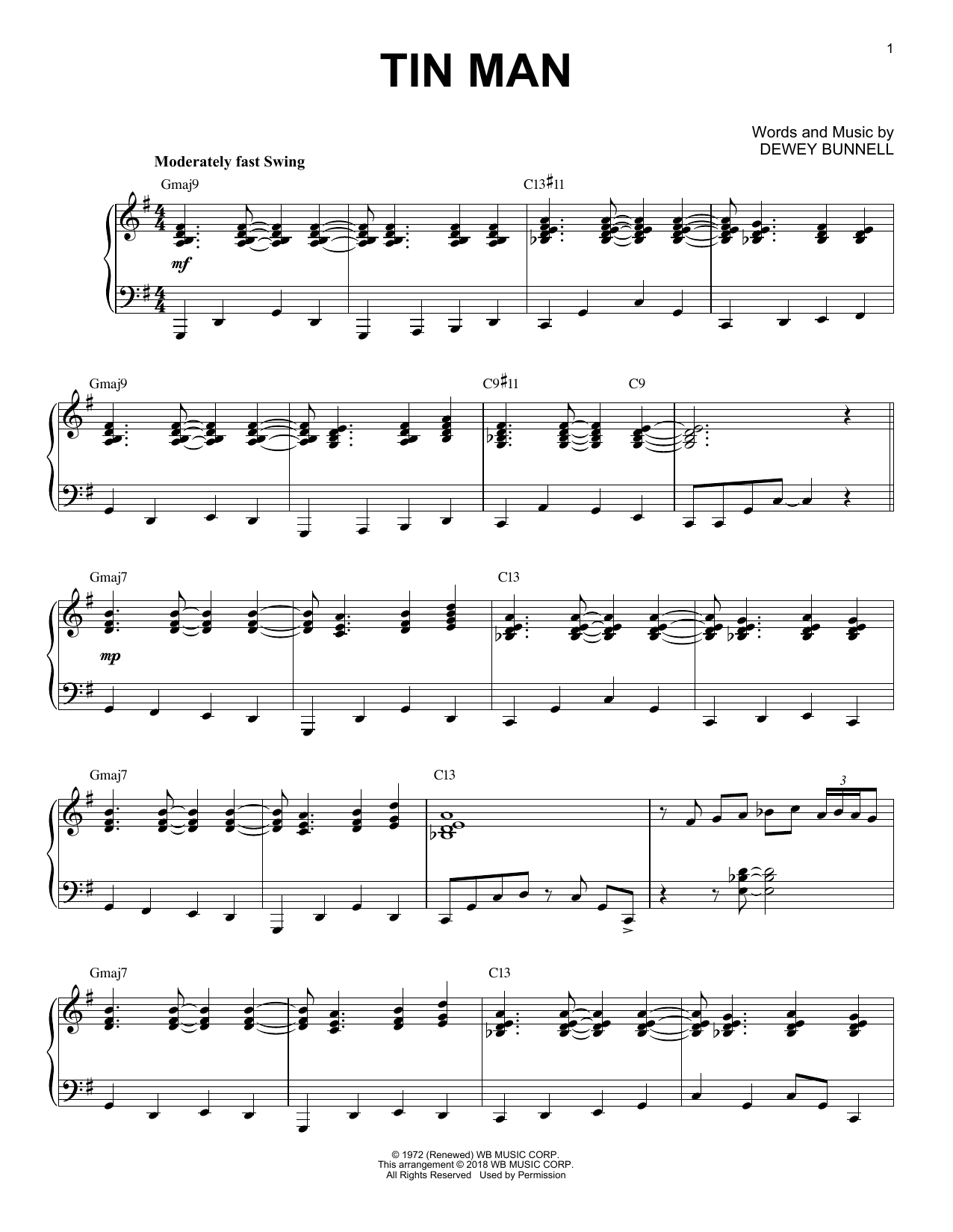 America Tin Man [Jazz version] sheet music notes and chords arranged for Piano Solo