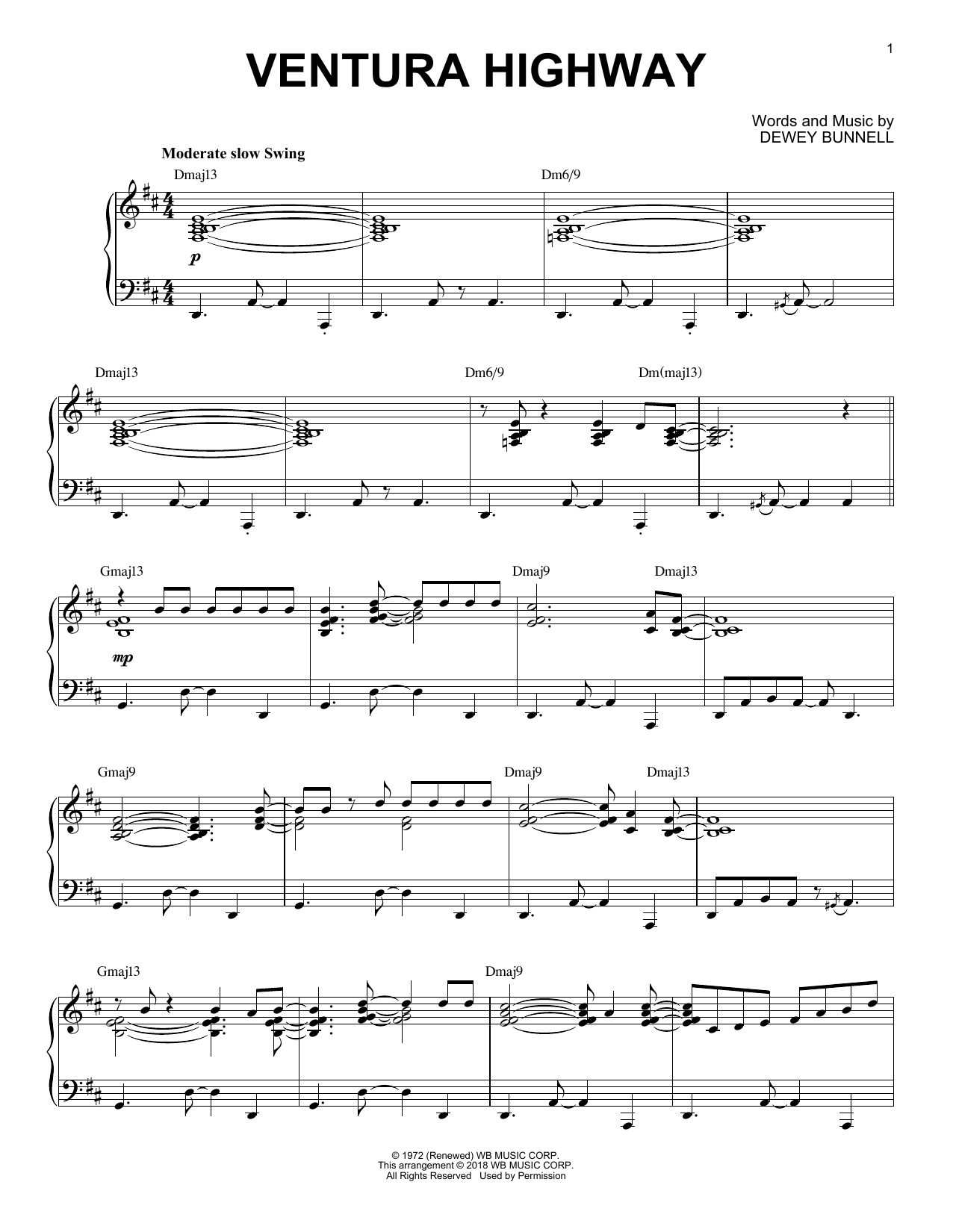 America Ventura Highway [Jazz version] sheet music notes and chords arranged for Piano Solo