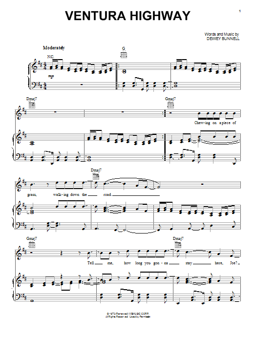 America Ventura Highway sheet music notes and chords arranged for Easy Guitar