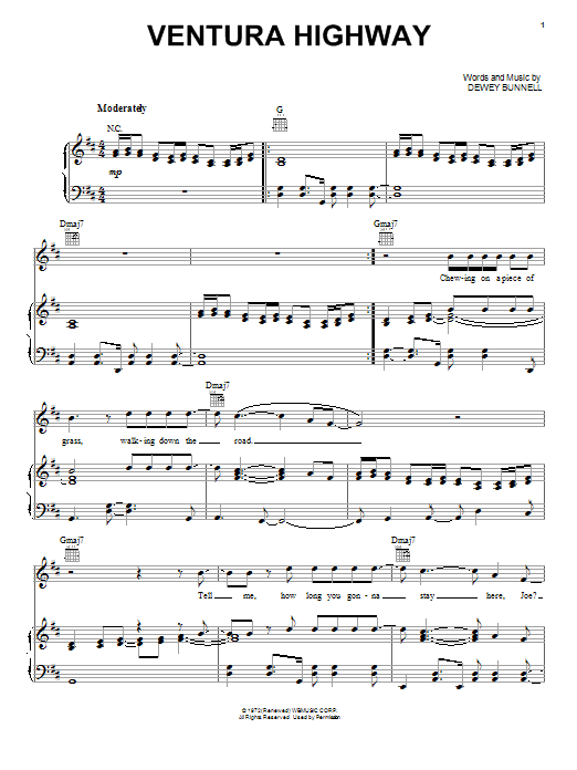 America Ventura Highway sheet music notes and chords arranged for Guitar Tab