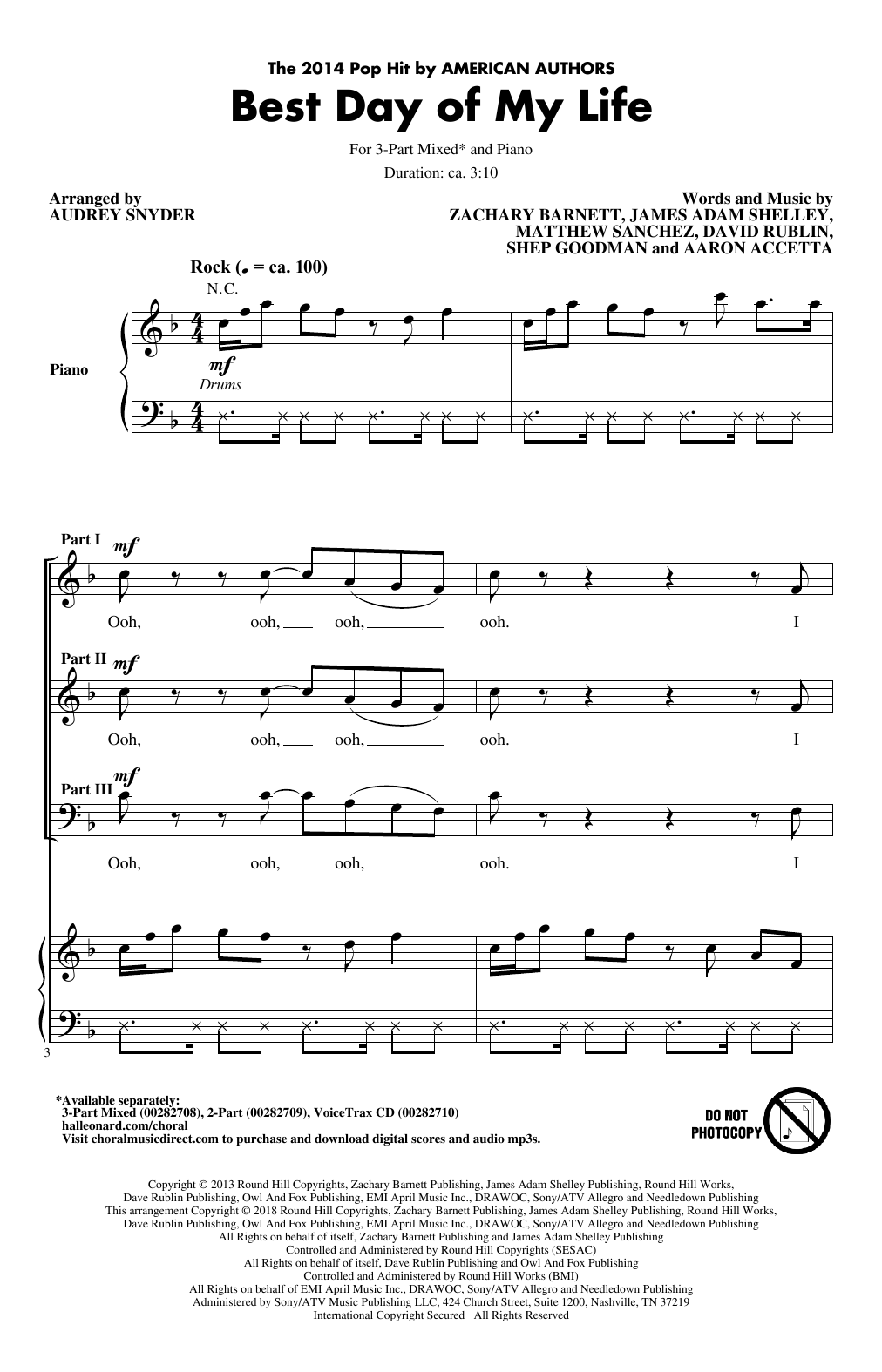 American Authors Best Day Of My Life (Arr. Audrey Snyder) sheet music notes and chords arranged for 3-Part Mixed Choir