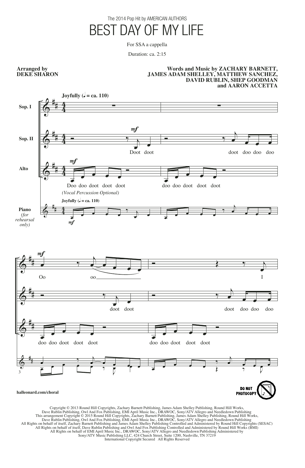 American Authors Best Day Of My Life (arr. Deke Sharon) sheet music notes and chords arranged for SSA Choir