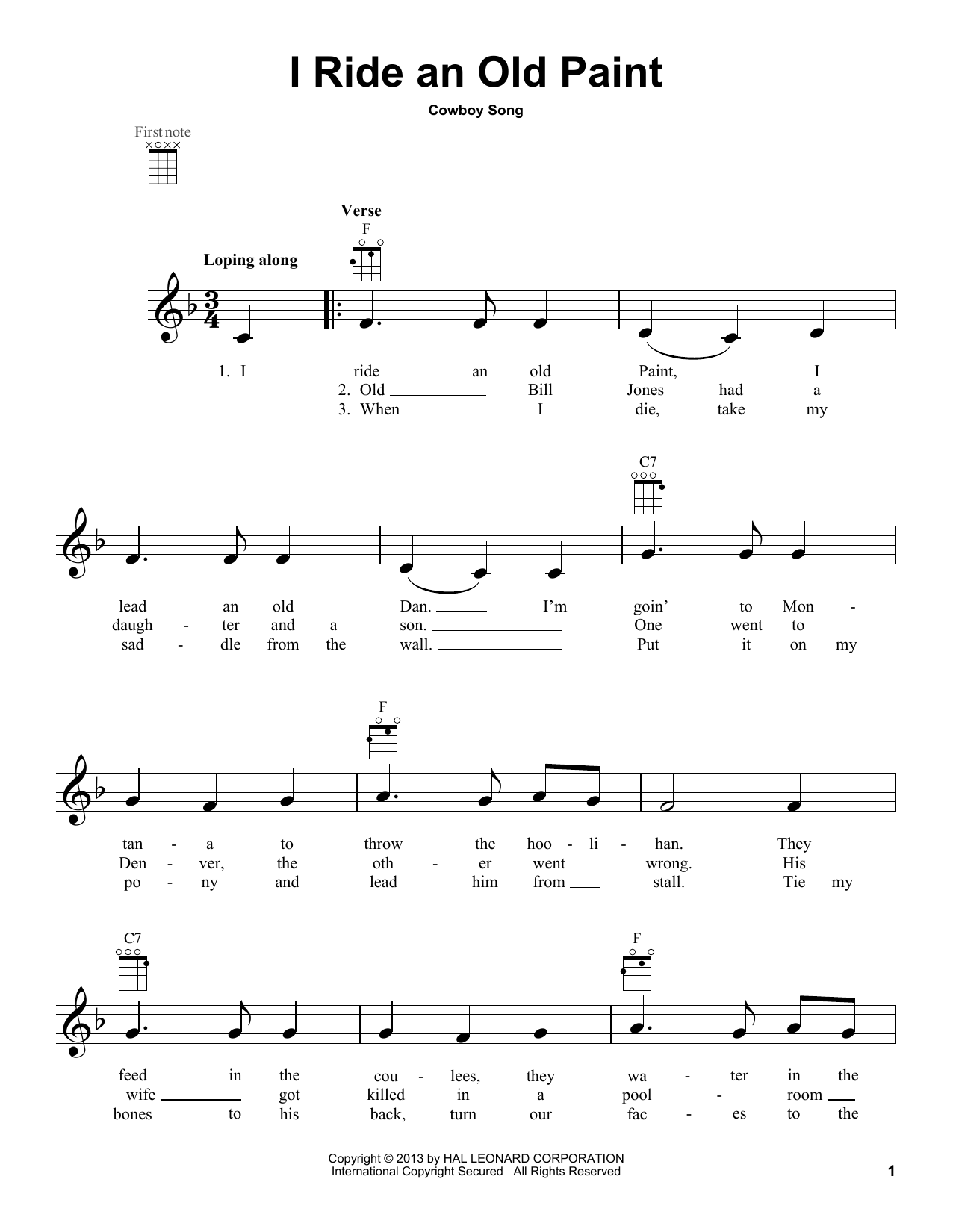 American Cowboy Song I Ride An Old Paint sheet music notes and chords arranged for Ukulele