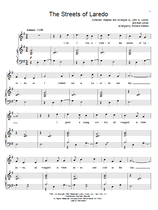 American Cowboy Song The Streets Of Laredo sheet music notes and chords arranged for Piano & Vocal