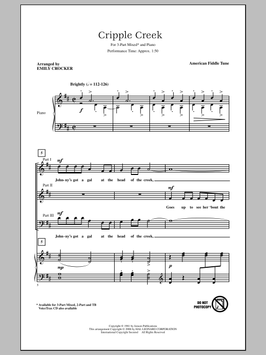 American Fiddle Tune Cripple Creek (arr. Emily Crocker) sheet music notes and chords arranged for 3-Part Mixed Choir