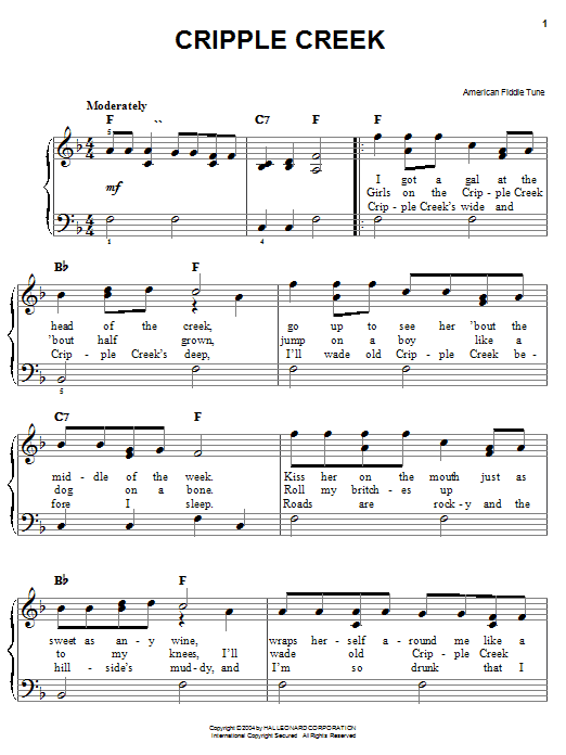 American Fiddle Tune Cripple Creek sheet music notes and chords arranged for Piano, Vocal & Guitar Chords (Right-Hand Melody)