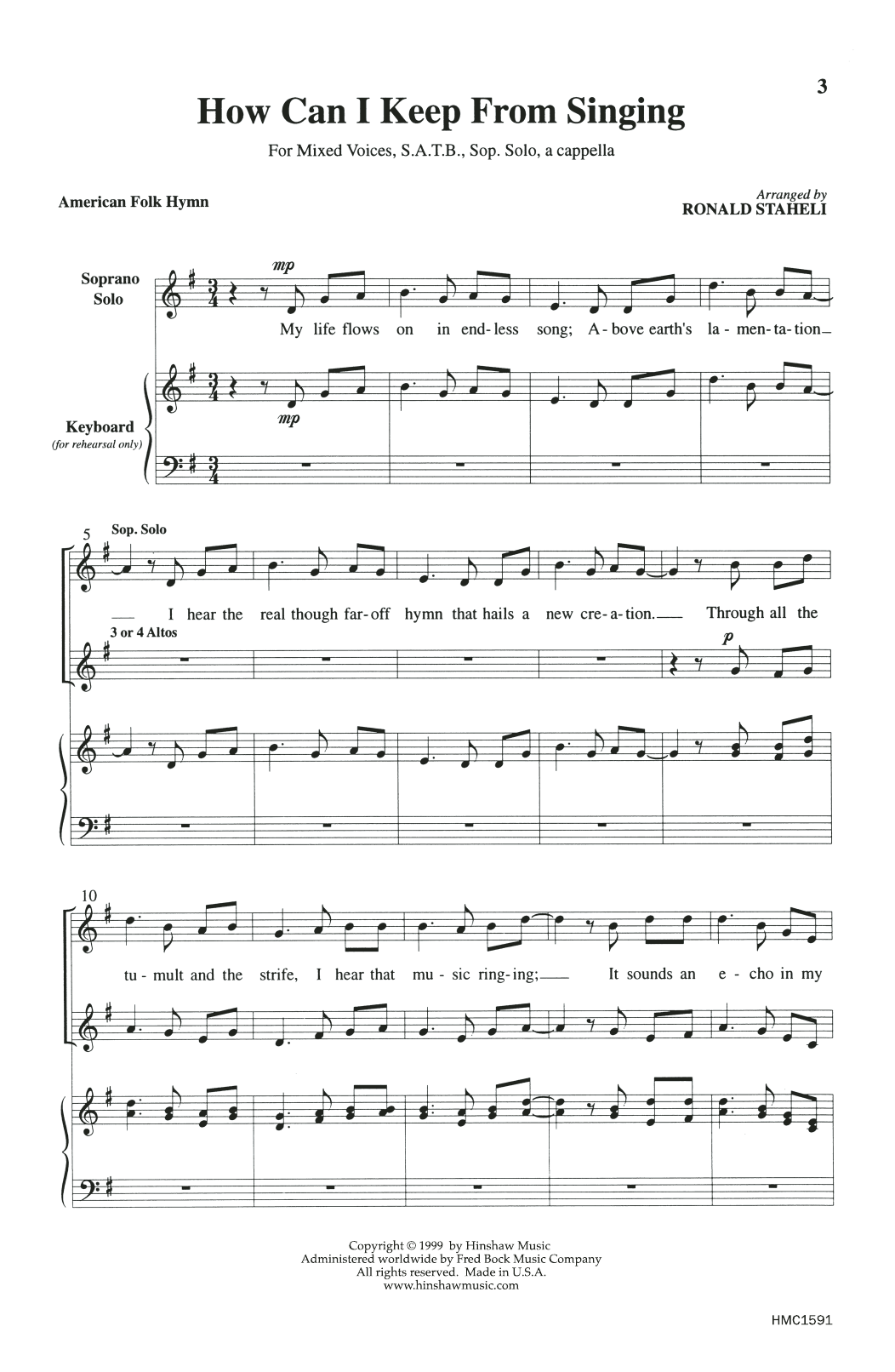 American Folk Hymn How Can I Keep From Singing (arr. Ronald Staheli) sheet music notes and chords arranged for SATB Choir