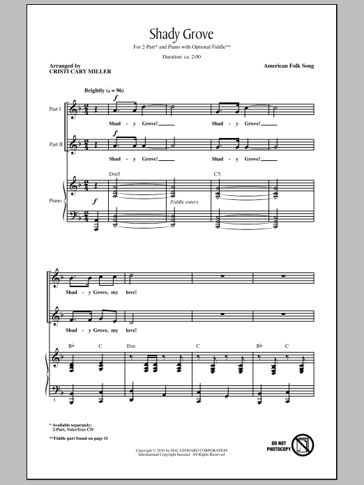 American Folk Song Shady Grove sheet music notes and chords arranged for 2-Part Choir