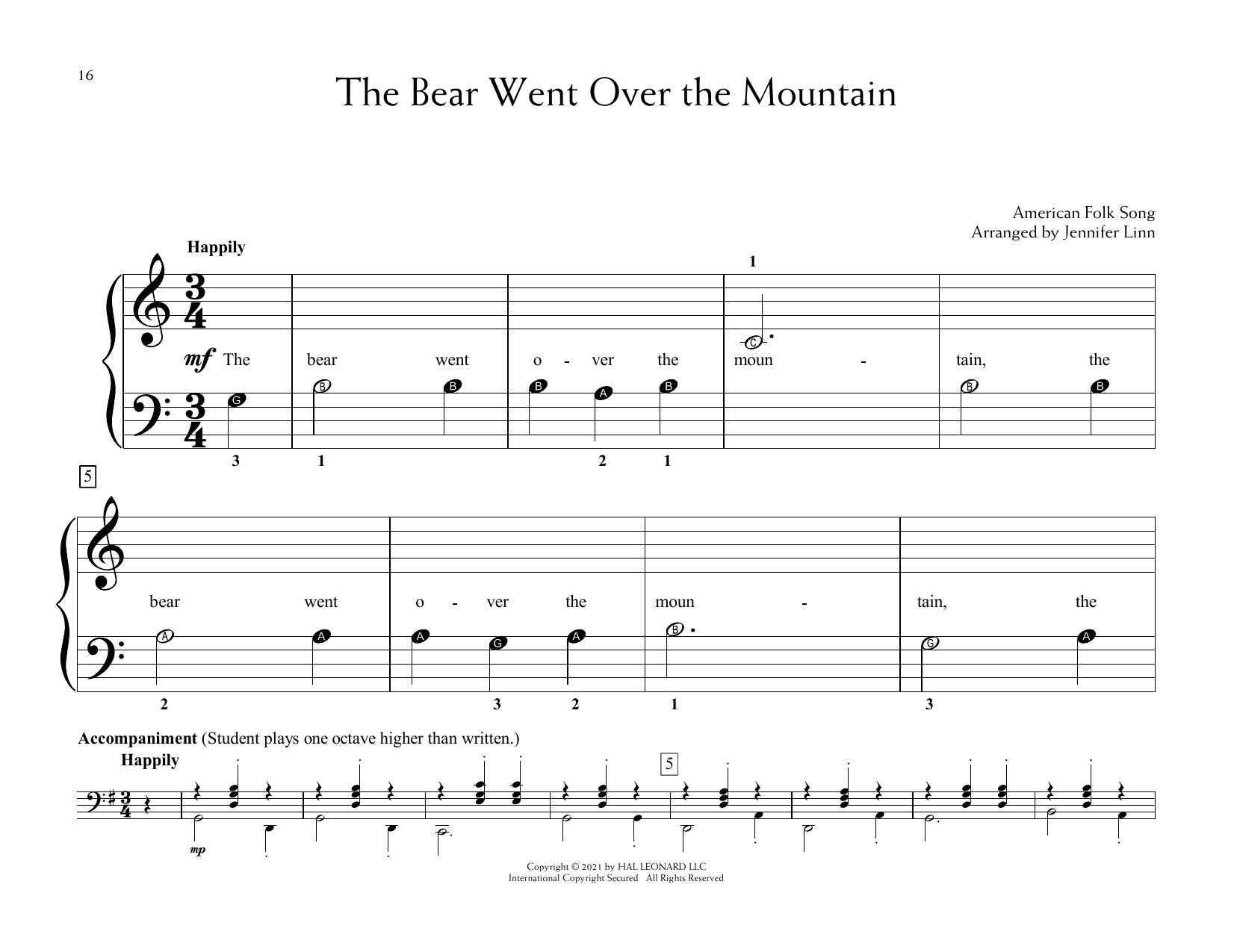 American Folk Song The Bear Went Over The Mountain (arr. Jennifer Linn) sheet music notes and chords arranged for Educational Piano
