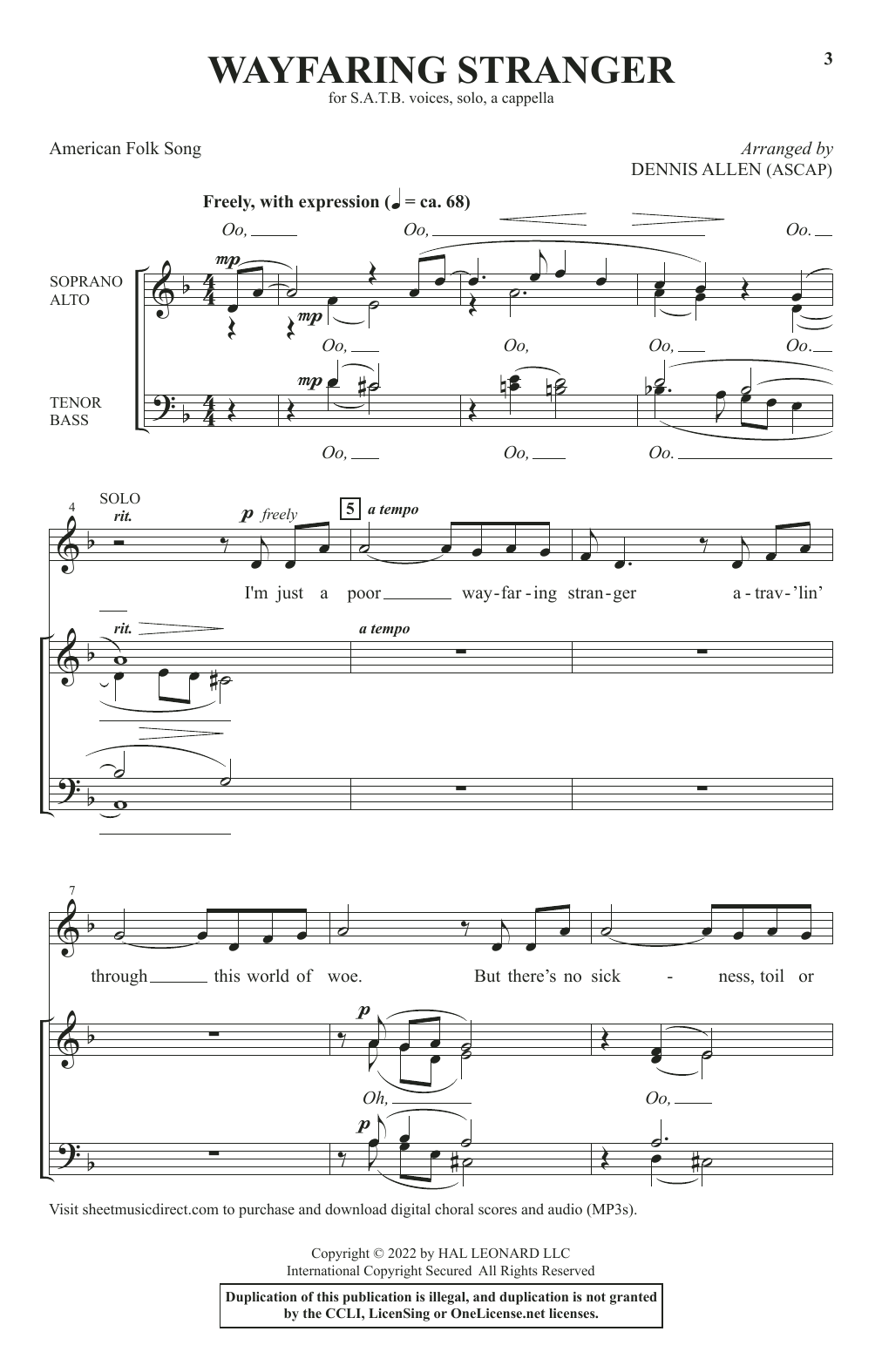 American Folk Song Wayfaring Stranger (arr. Dennis Allen) sheet music notes and chords arranged for SATB Choir