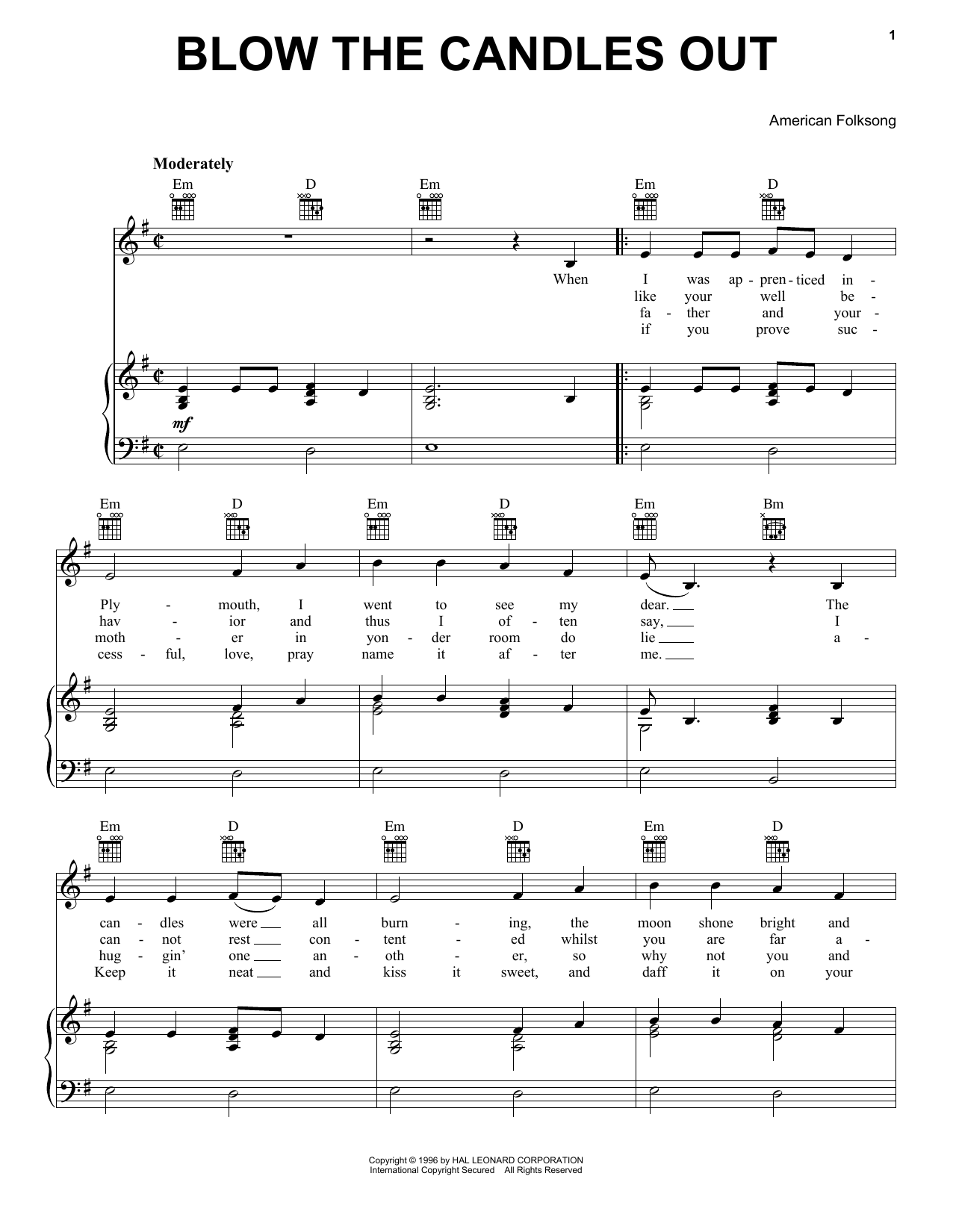 American Folksong Blow The Candles Out sheet music notes and chords arranged for Piano, Vocal & Guitar Chords (Right-Hand Melody)