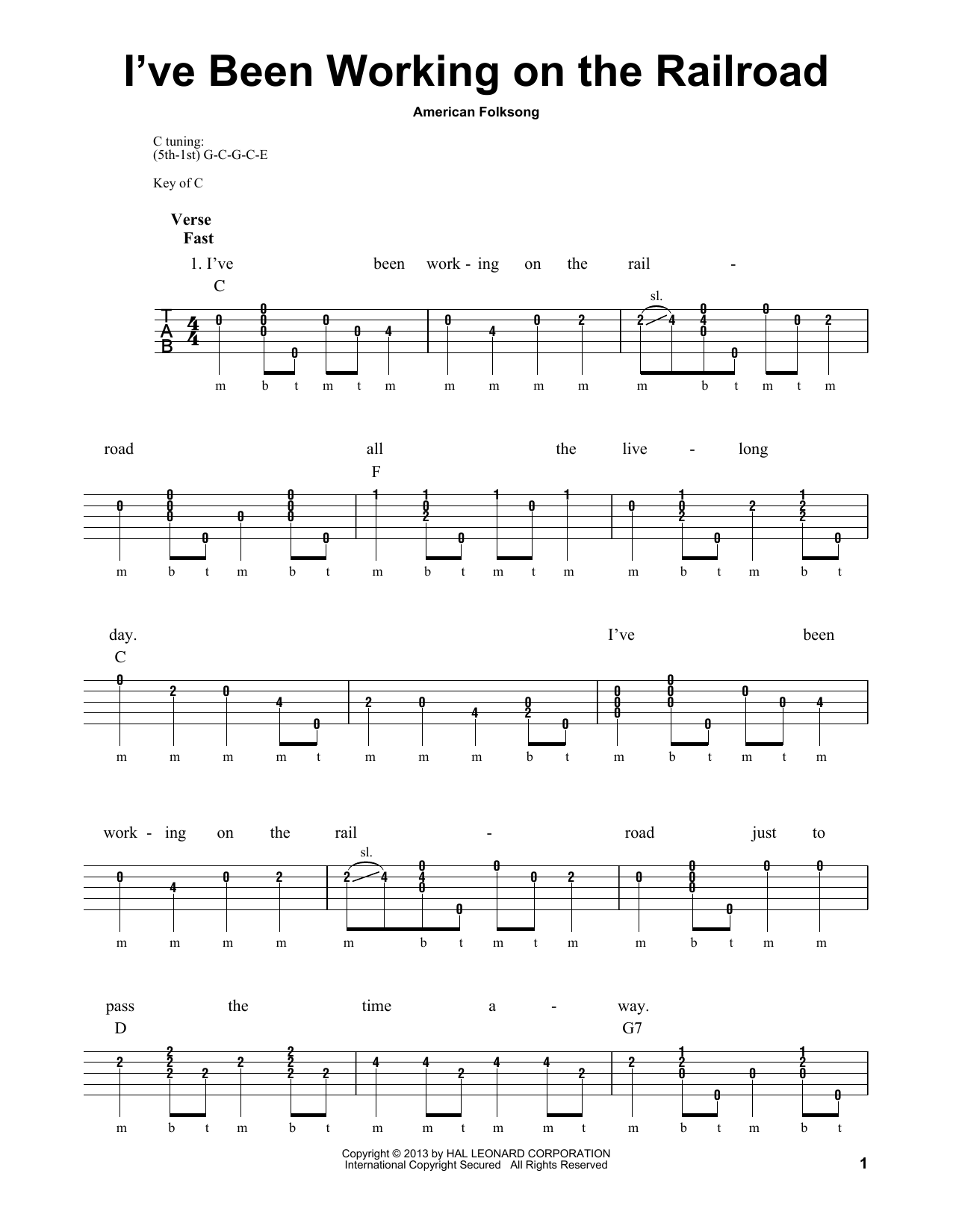 American Folksong I've Been Working On The Railroad sheet music notes and chords arranged for Banjo Tab
