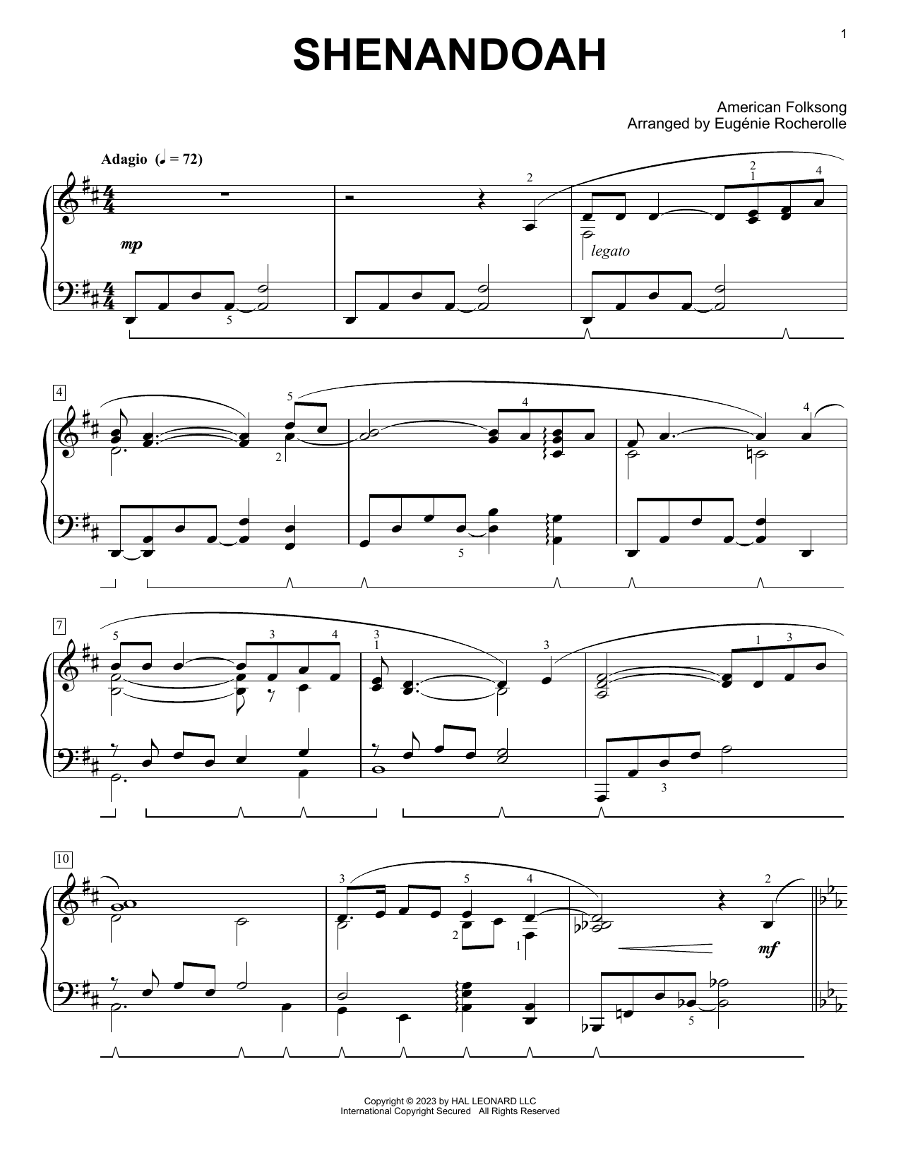 American Folksong Shenandoah (arr. Eugénie Rocherolle) sheet music notes and chords arranged for Piano Solo