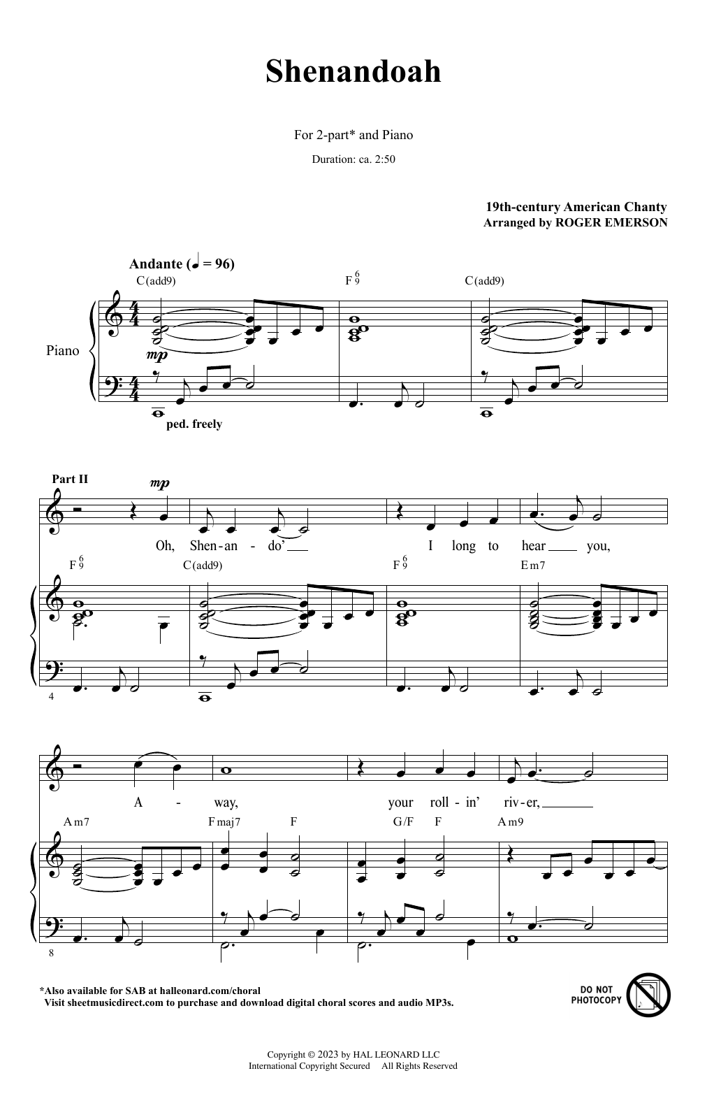 American Folksong Shenandoah (arr. Roger Emerson) sheet music notes and chords arranged for 2-Part Choir