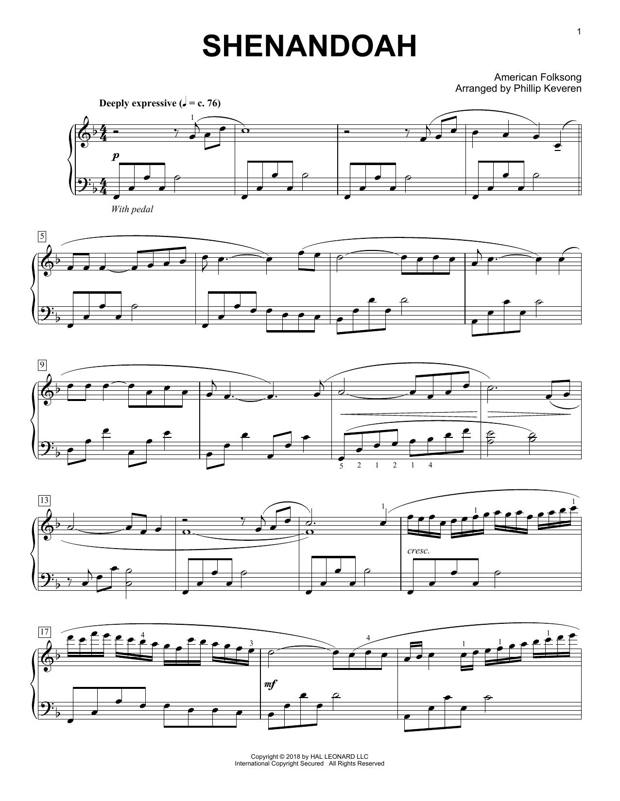 American Folksong Shenandoah [Classical version] (arr. Phillip Keveren) sheet music notes and chords arranged for Piano Solo