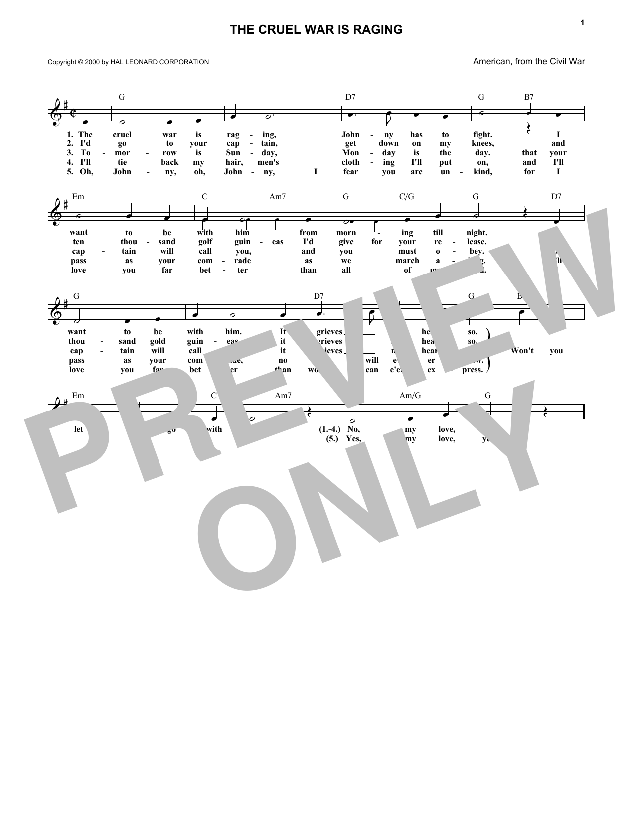 American Folksong The Cruel War Is Raging sheet music notes and chords arranged for Lead Sheet / Fake Book