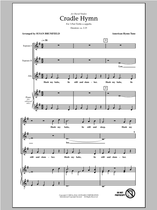 American Hymn Tune Cradle Hymn (arr. Susan Brumfield) sheet music notes and chords arranged for 3-Part Treble Choir