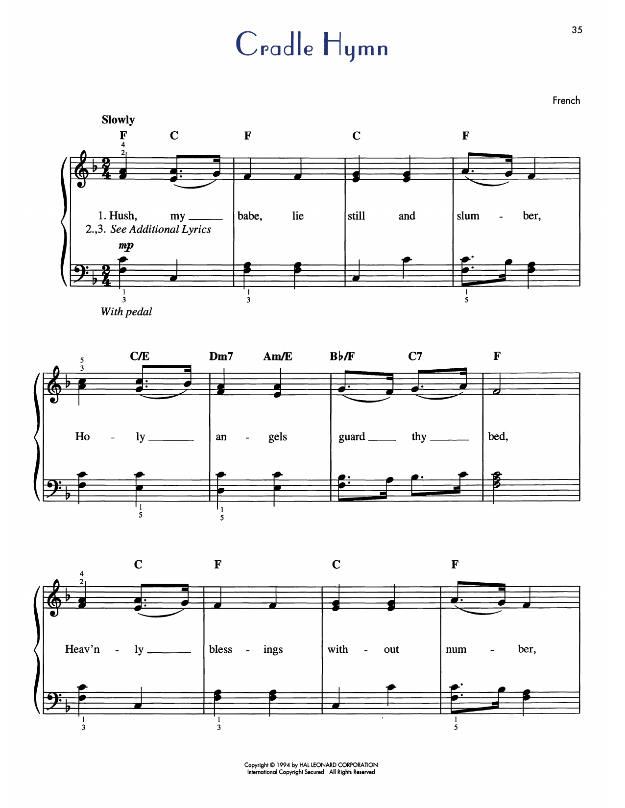 American Hymn Tune Cradle Hymn sheet music notes and chords arranged for Easy Piano
