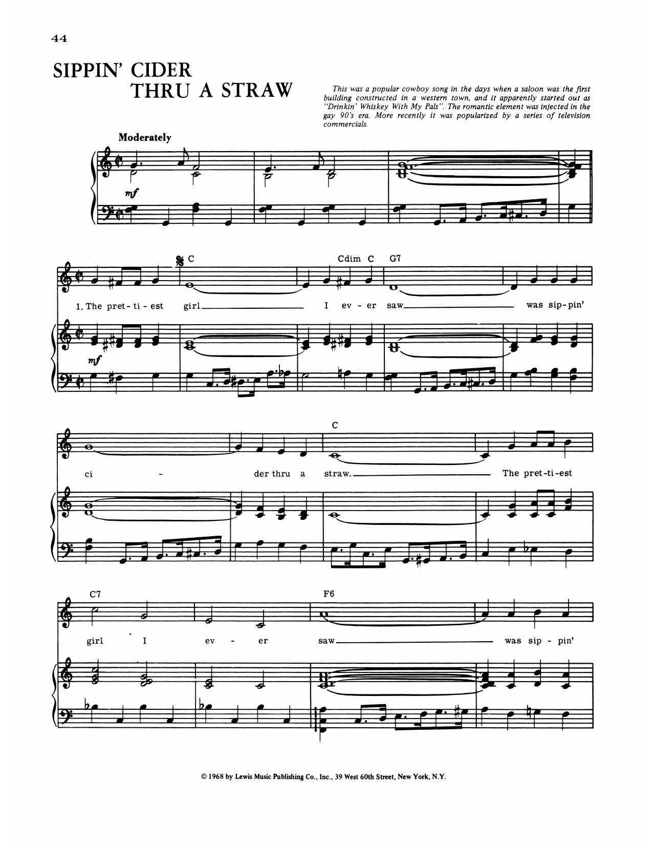 American Popular Song Cider Through A Straw sheet music notes and chords arranged for Piano, Vocal & Guitar Chords (Right-Hand Melody)