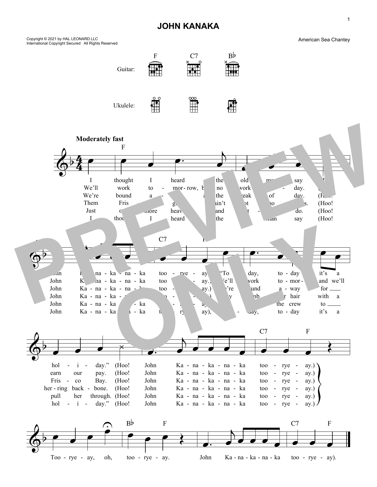 American Sea Chantey John Kanaka sheet music notes and chords arranged for Lead Sheet / Fake Book
