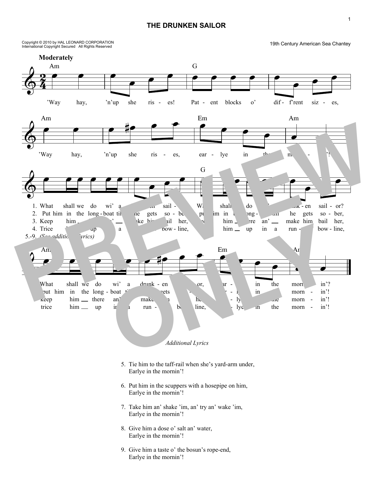 American Sea Chantey The Drunken Sailor sheet music notes and chords arranged for Lead Sheet / Fake Book
