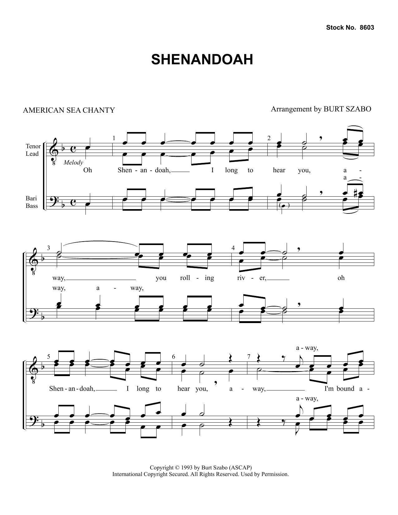American Sea Chanty Shenandoah (arr. Burt Szabo) sheet music notes and chords arranged for SSAA Choir