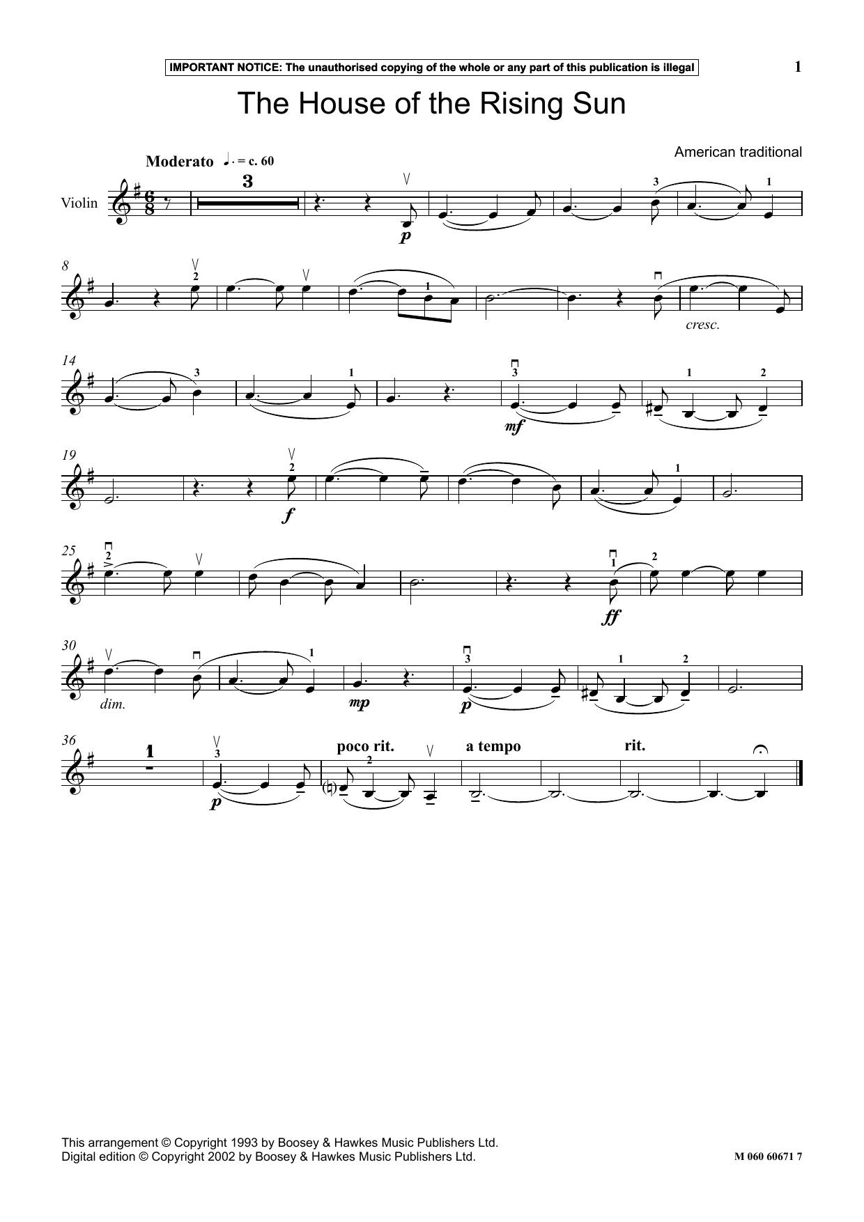 American Traditional The House Of The Rising Sun sheet music notes and chords arranged for Violin and Piano