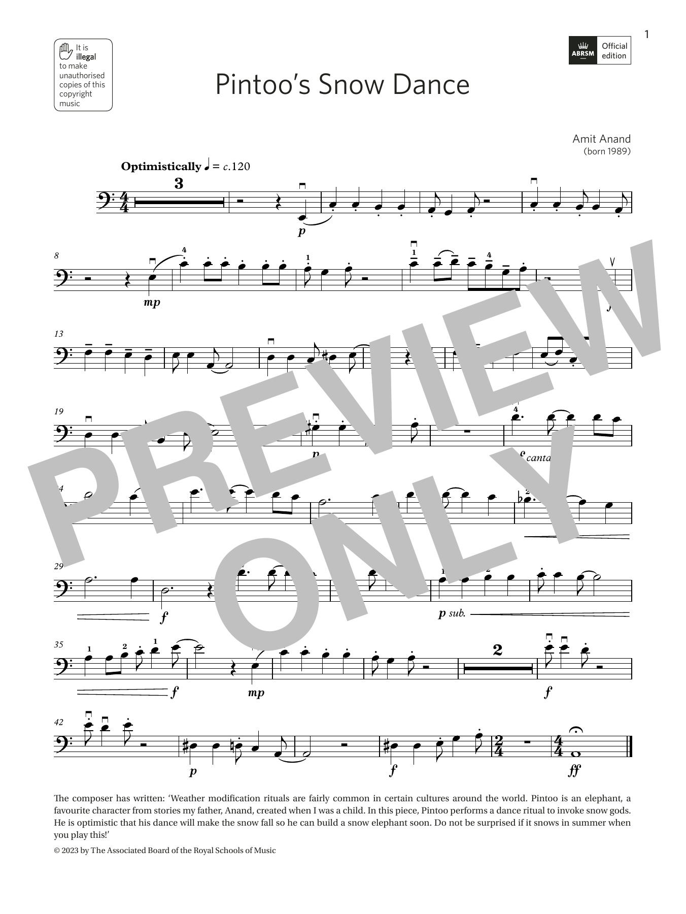Amit Anand Pintoo's Snow Dance (Grade 4, C11, from the ABRSM Double Bass Syllabus from 2024) sheet music notes and chords arranged for String Bass Solo