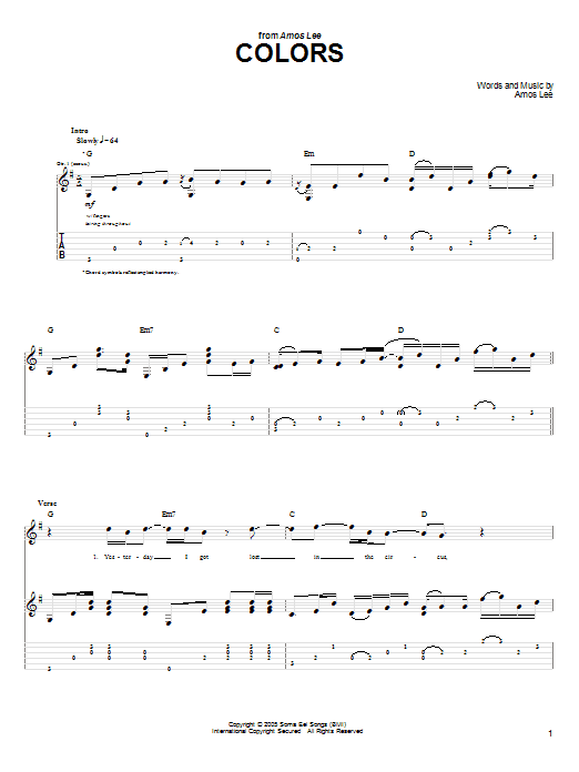 Amos Lee Colors sheet music notes and chords arranged for Guitar Tab
