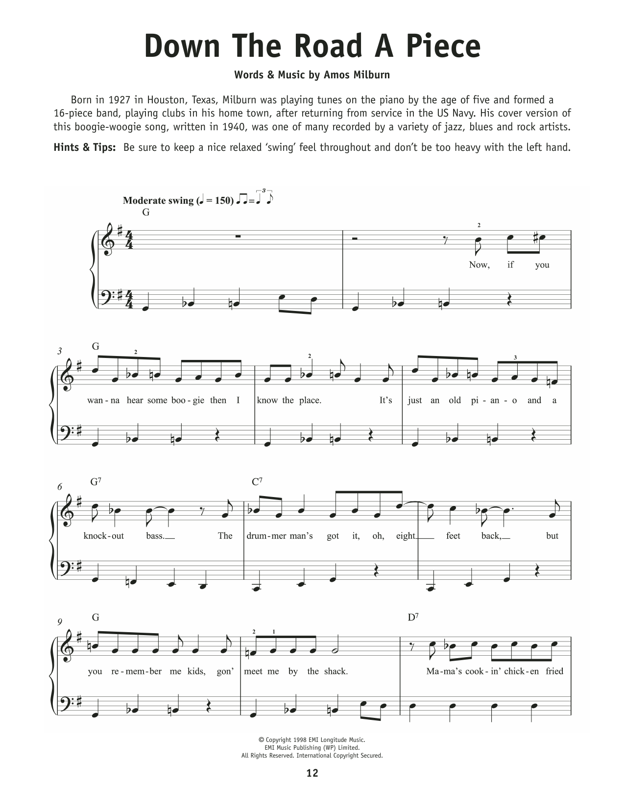 Amos Milburn Down The Road Apiece sheet music notes and chords arranged for Really Easy Piano