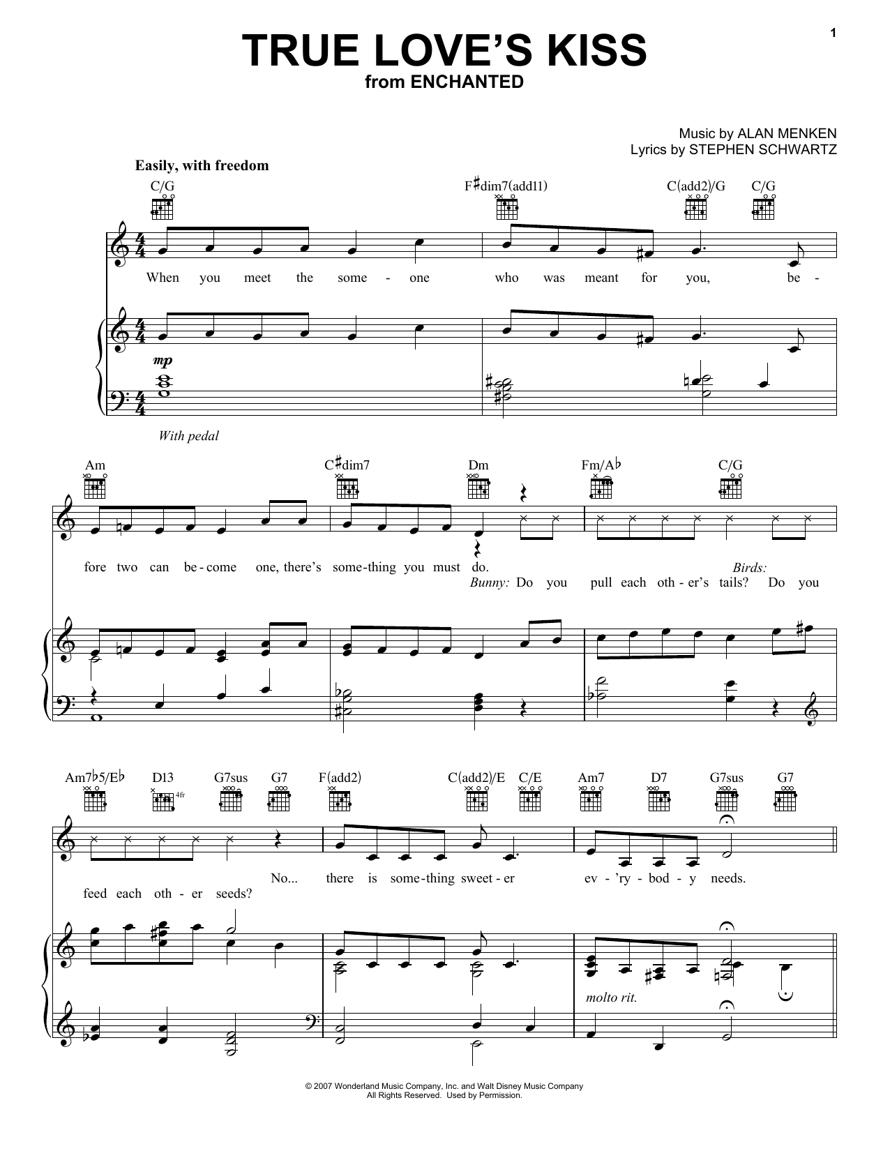 Amy Adams True Love's Kiss (from Enchanted) sheet music notes and chords arranged for Piano Solo