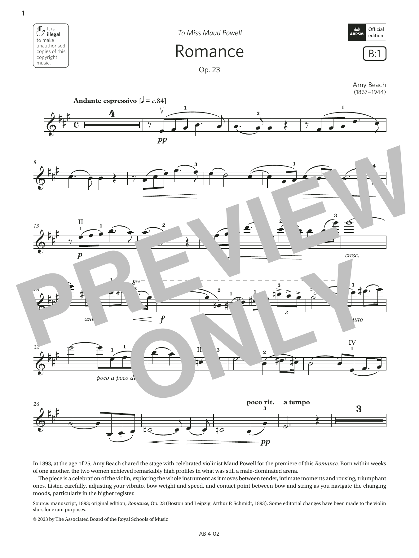 Amy Beach Romance (Grade 8, B1, from the ABRSM Violin Syllabus from 2024) sheet music notes and chords arranged for Violin Solo