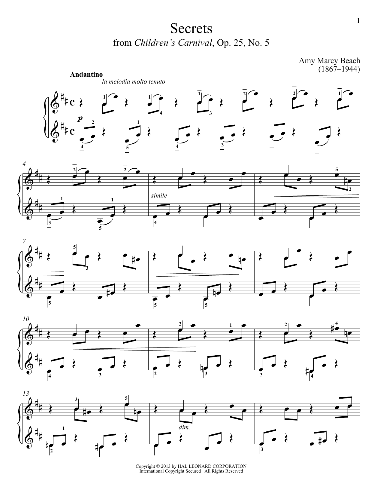 Amy Beach Secrets sheet music notes and chords arranged for Piano Solo