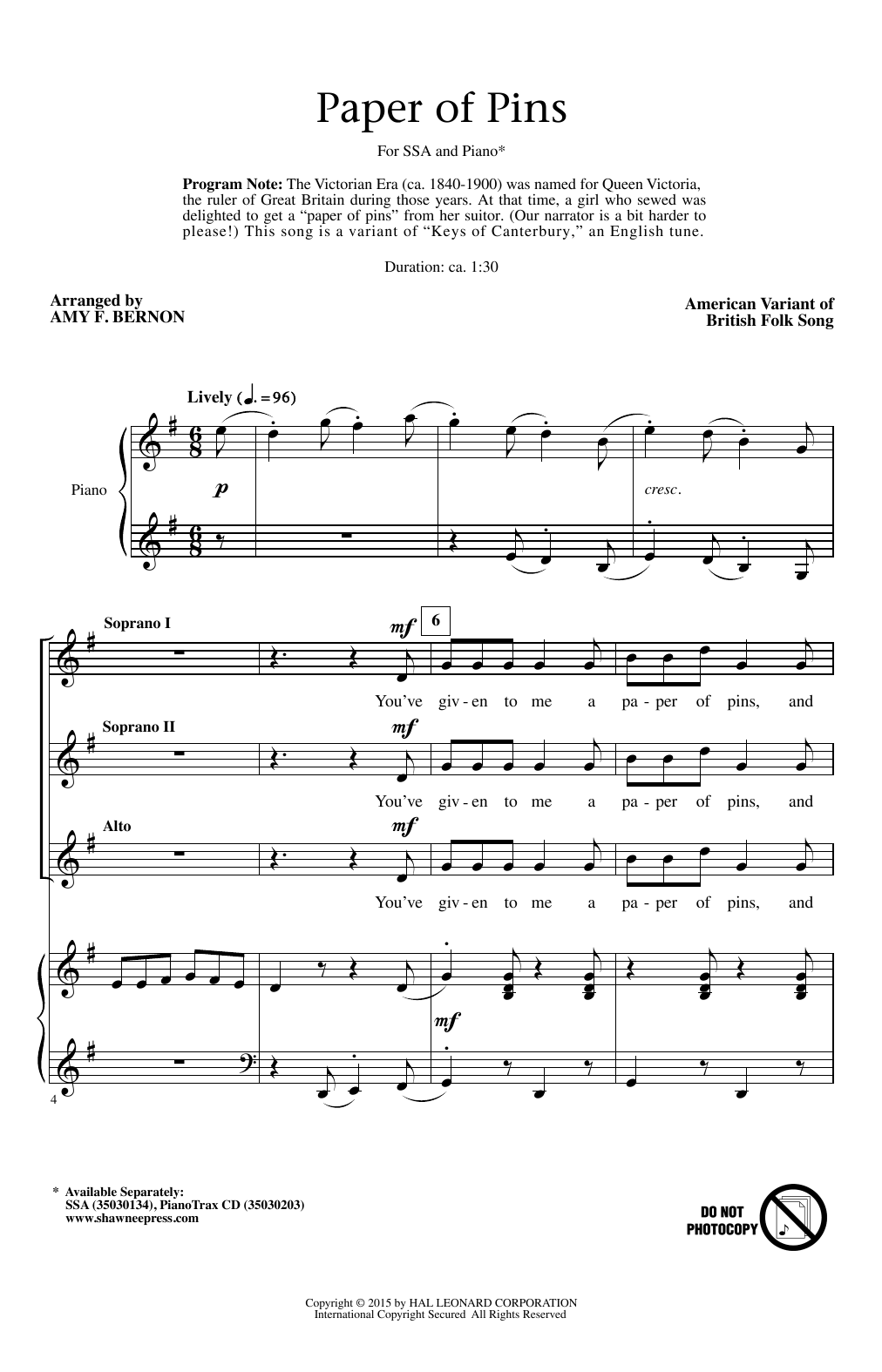 Amy Bernon A Paper Of Pins sheet music notes and chords arranged for SSA Choir