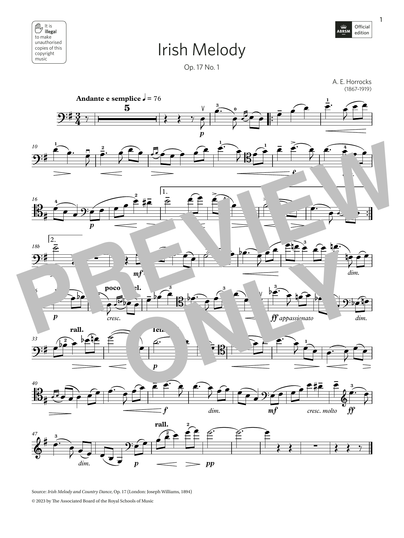 Amy Elsie Horrocks Irish Melody (Grade 6, B13, from the ABRSM Cello Syllabus from 2024) sheet music notes and chords arranged for Cello Solo