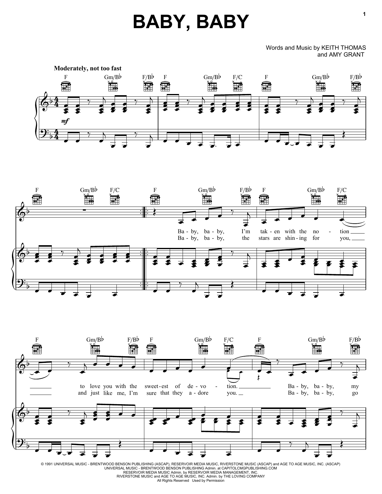 Amy Grant Baby Baby sheet music notes and chords arranged for Piano, Vocal & Guitar Chords (Right-Hand Melody)