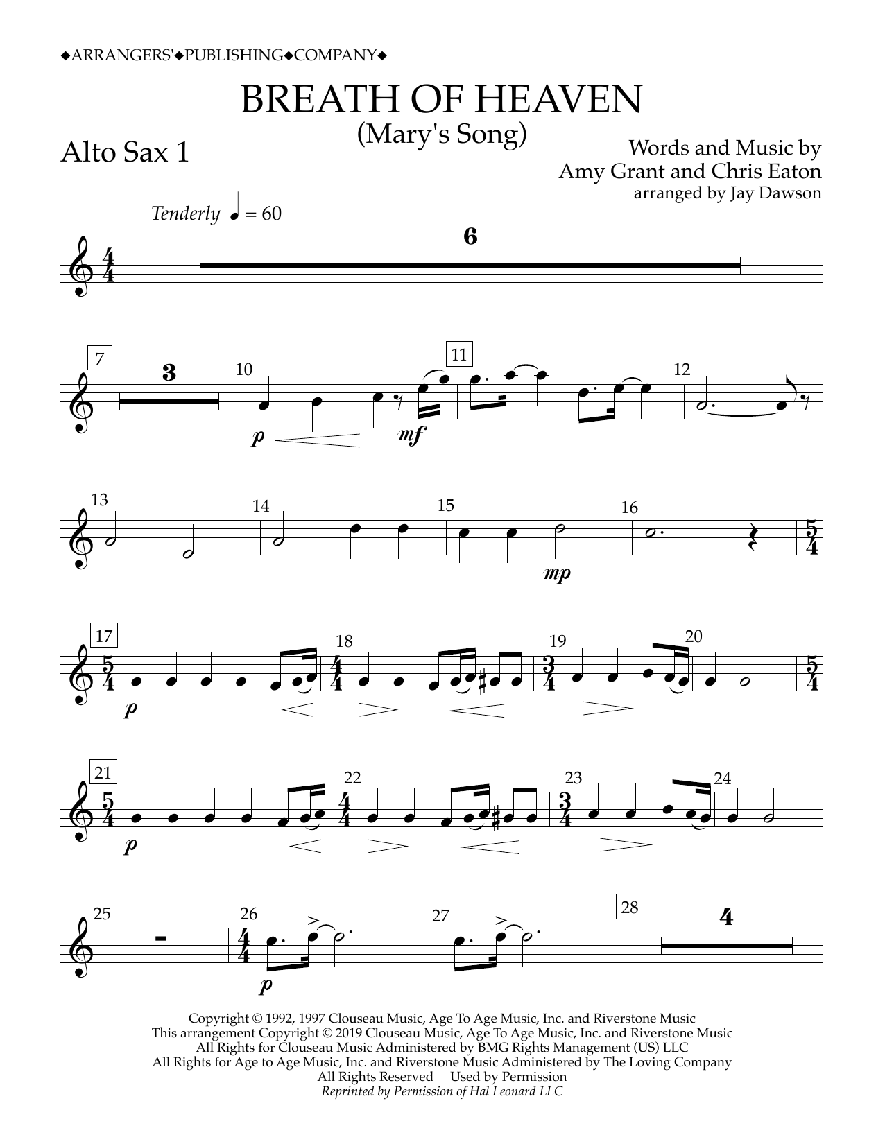 Amy Grant Breath of Heaven (Mary's Song) (arr. Jay Dawson) - Alto Sax 1 sheet music notes and chords arranged for Concert Band