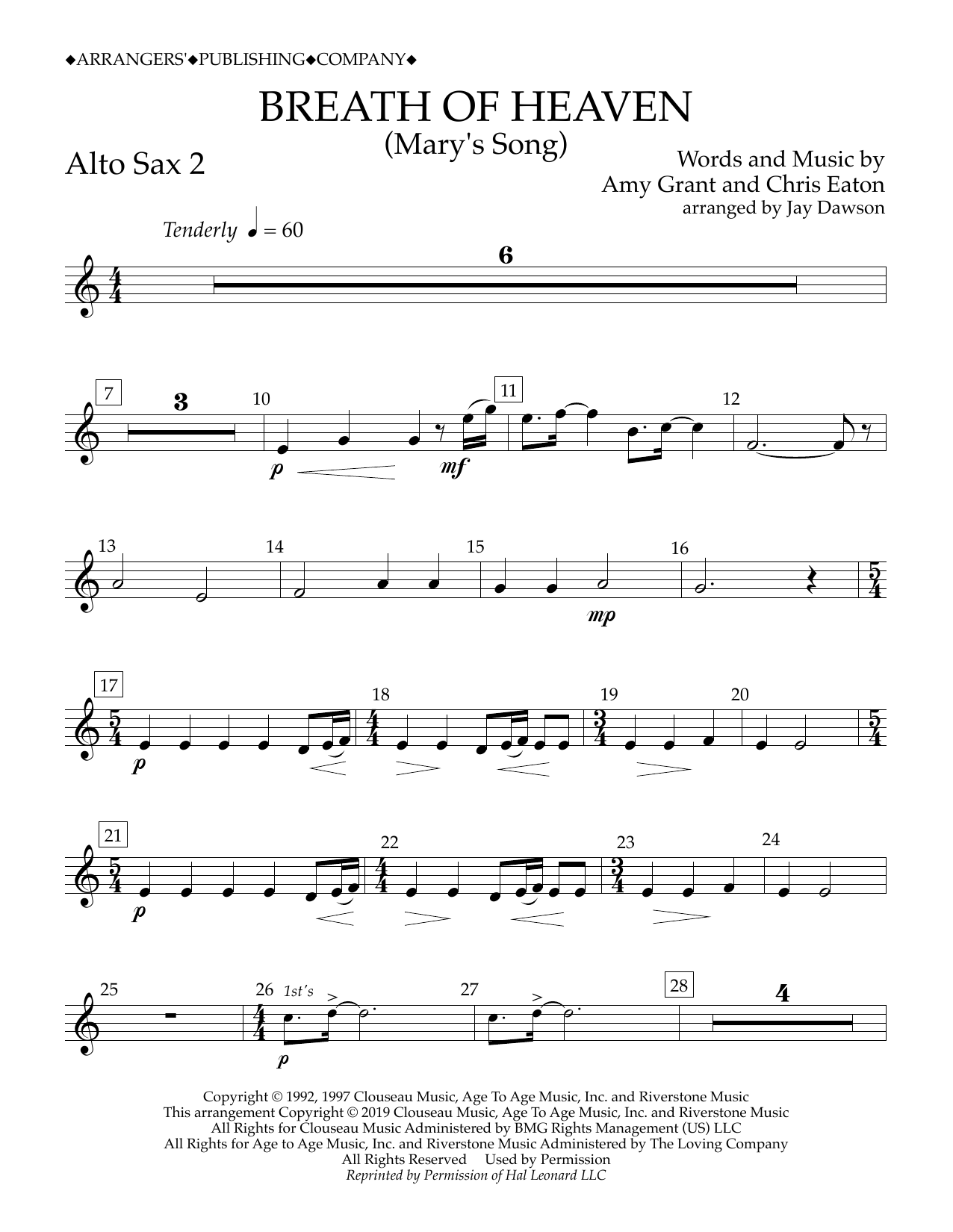 Amy Grant Breath of Heaven (Mary's Song) (arr. Jay Dawson) - Alto Sax 2 sheet music notes and chords arranged for Concert Band