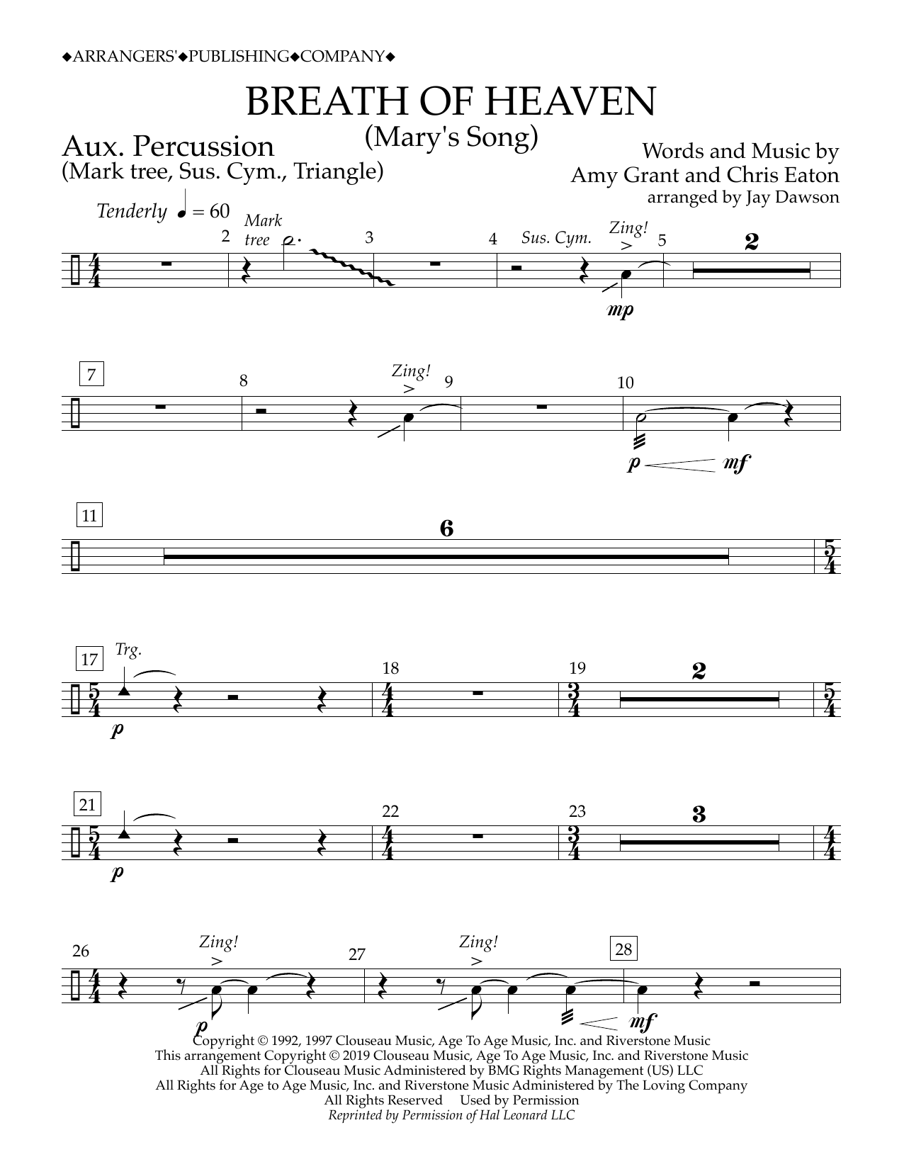 Amy Grant Breath of Heaven (Mary's Song) (arr. Jay Dawson) - Aux. Percussion sheet music notes and chords arranged for Concert Band