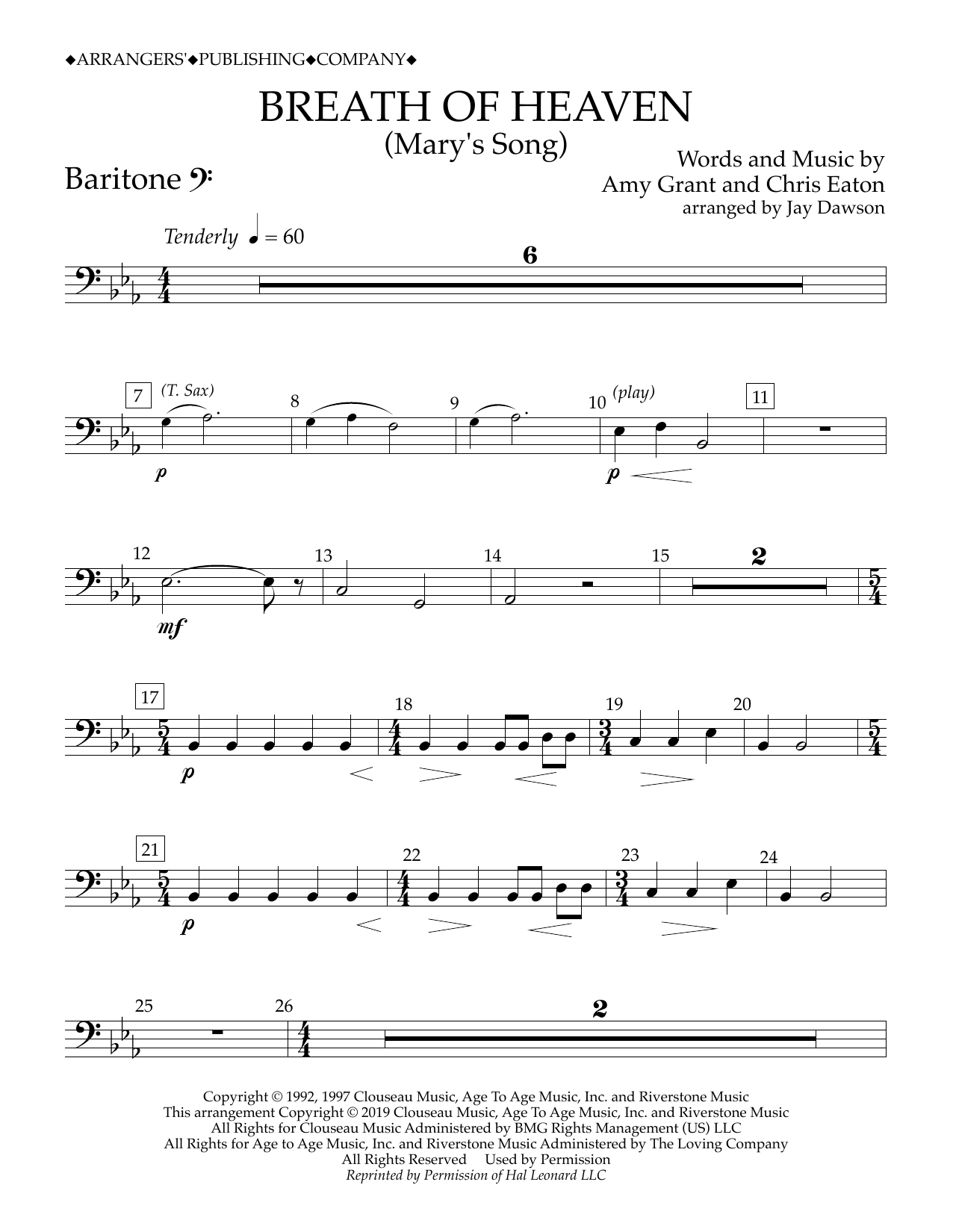 Amy Grant Breath of Heaven (Mary's Song) (arr. Jay Dawson) - Baritone B.C. sheet music notes and chords arranged for Concert Band