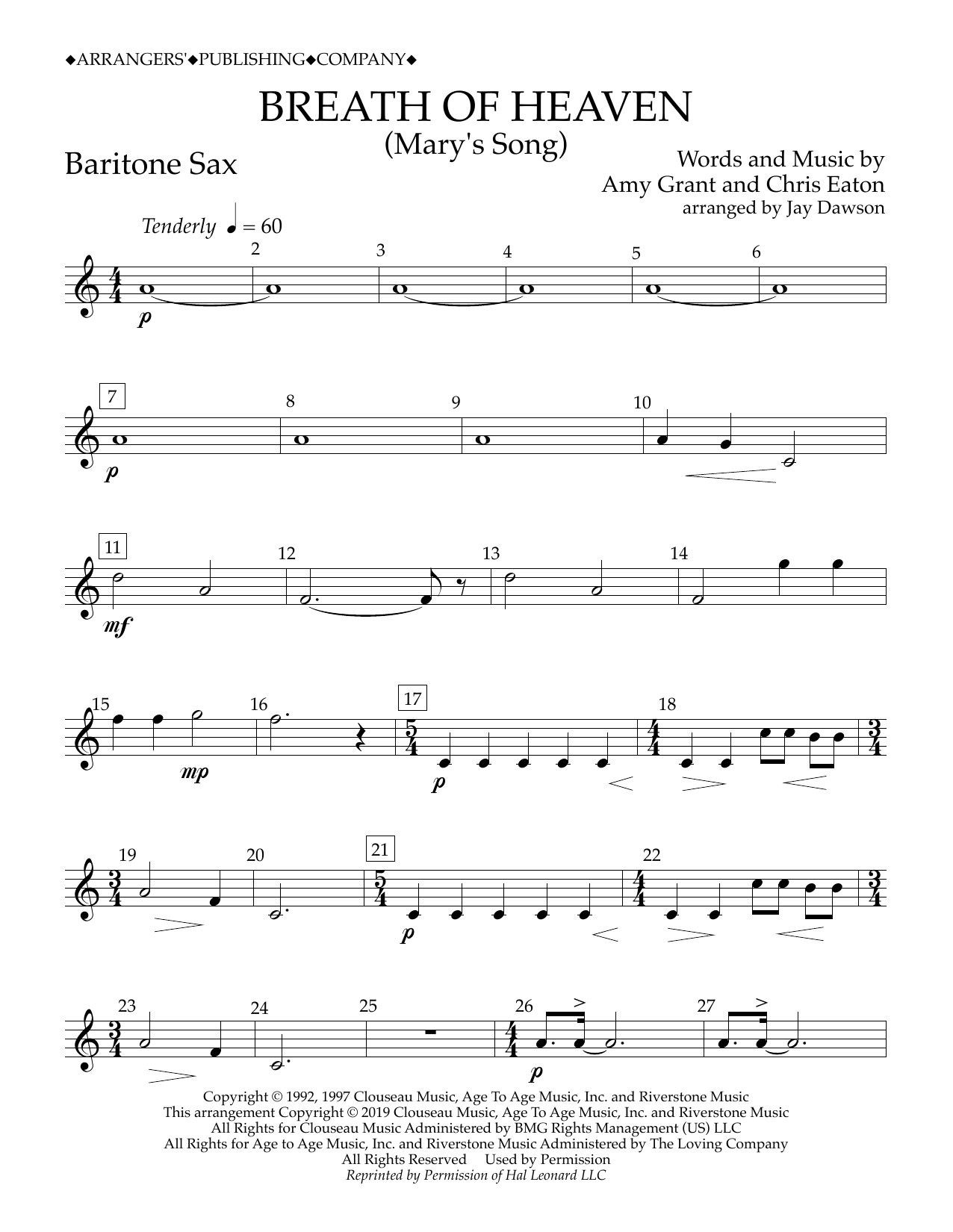 Amy Grant Breath of Heaven (Mary's Song) (arr. Jay Dawson) - Baritone Sax sheet music notes and chords arranged for Concert Band