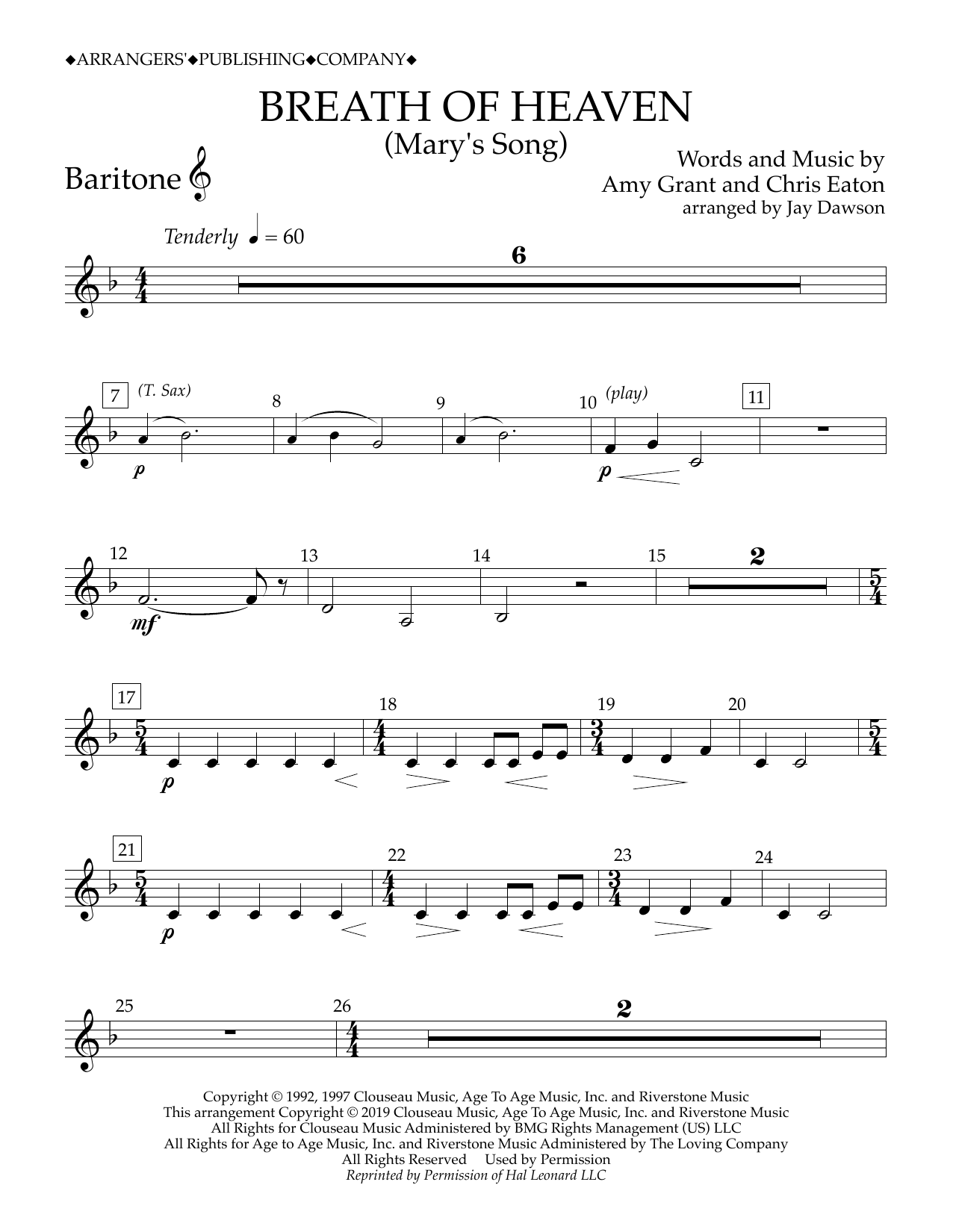 Amy Grant Breath of Heaven (Mary's Song) (arr. Jay Dawson) - Baritone T.C. sheet music notes and chords arranged for Concert Band